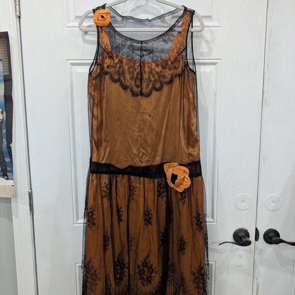 Antique Vintage 1920s Drop Waist Dress Orange Black Lace Medium Art Deco Flapper - Picture 2 of 9